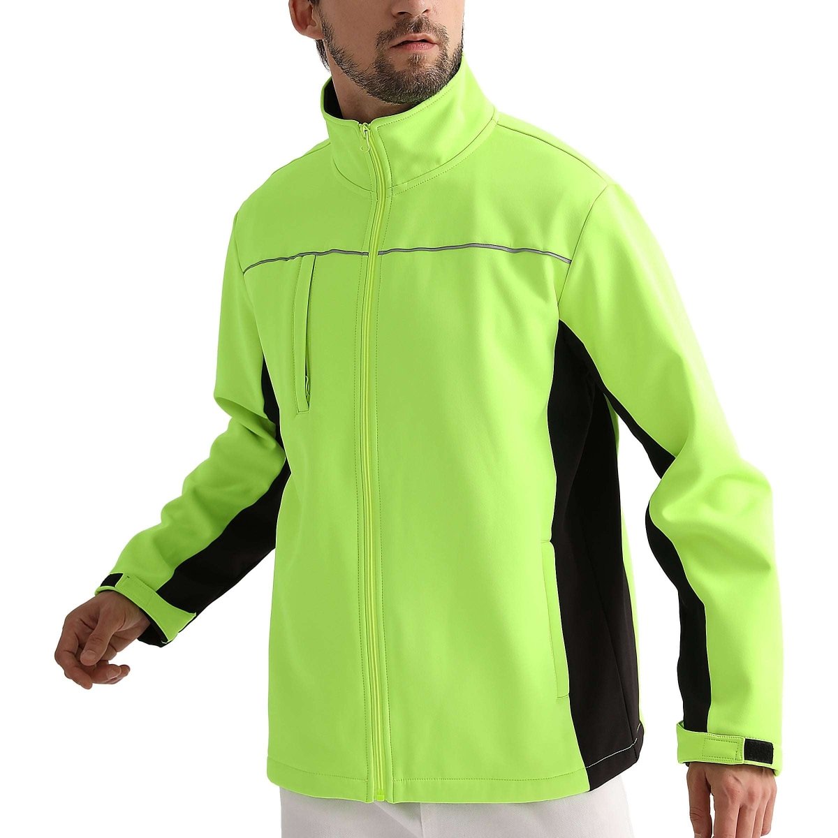 "panel-work softshell jacket in yellow black, model front – Big Bee Workwear"