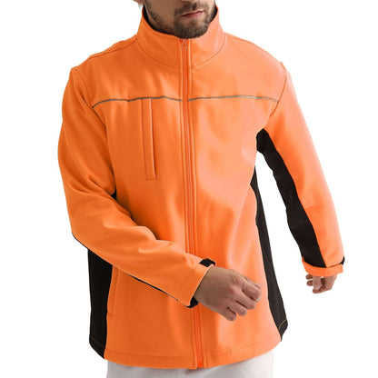 "panel-work softshell jacket in orange black, model front – Big Bee Workwear"