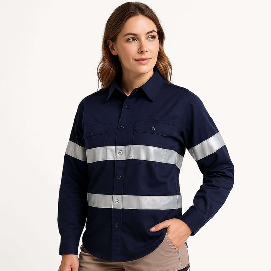 "Women’s Lightweight Cotton Work shirt in navy reflective tape, Long Sleeve, model front – Big Bee Workwear"