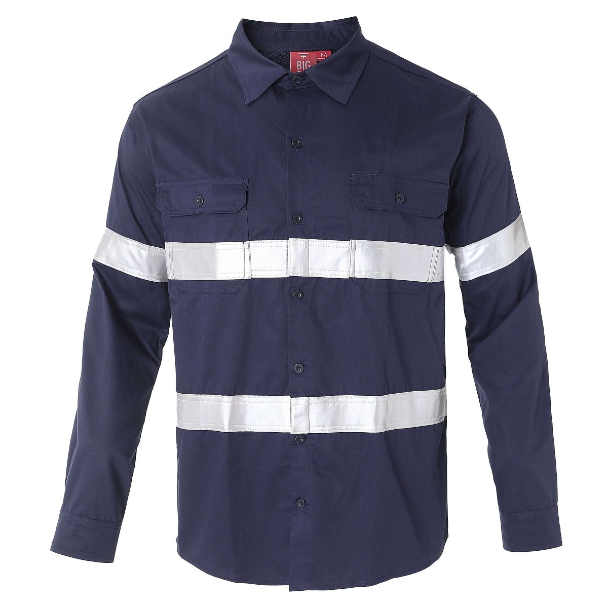 "Women’s Lightweight Cotton Work shirt in navy reflective tape, Long Sleeve, front – Big Bee Workwear"