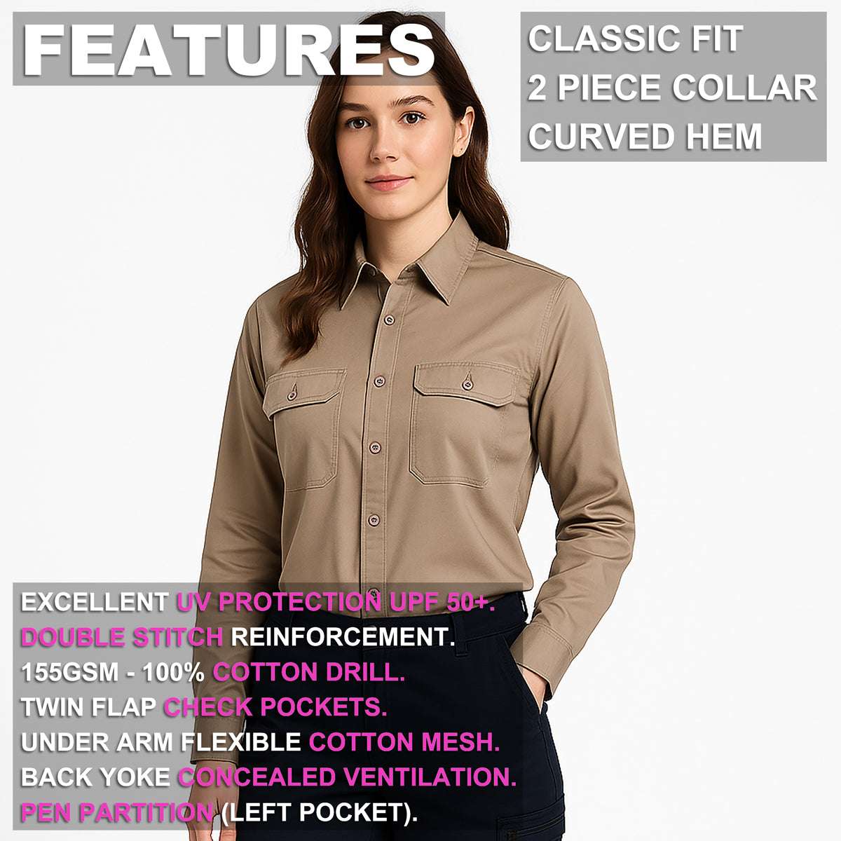 "Women’s Lightweight Cotton Work shirt, Long Sleeve, key features – Big Bee Workwear"