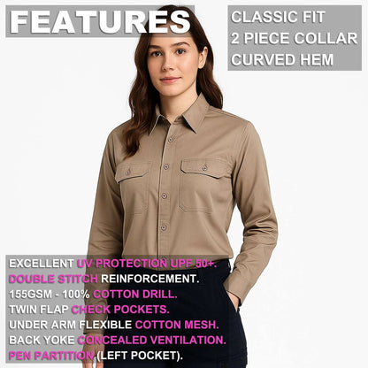 "Women’s Lightweight Cotton Work shirt, Long Sleeve, key features – Big Bee Workwear"