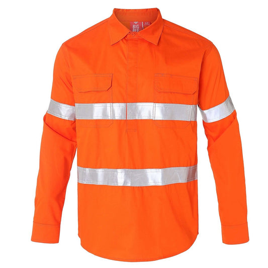 Women’s Closed Front Lightweight Cotton Work shirt in orange reflective tape, Long Sleeve, front – Big Bee Workwear