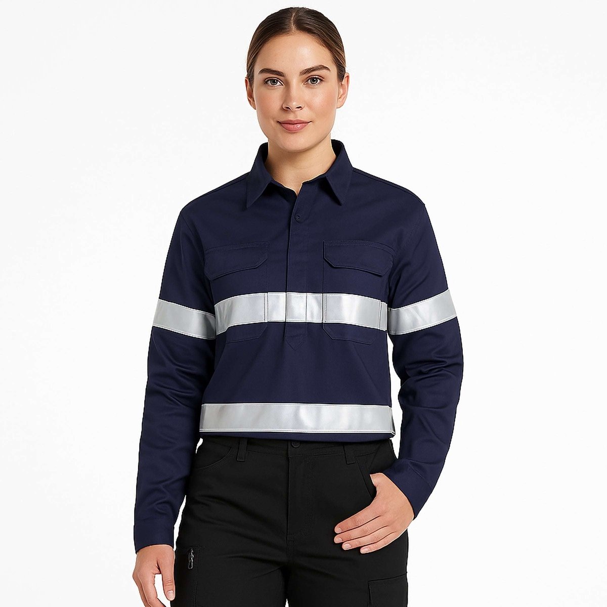"Women’s Closed Front Lightweight Cotton Work shirt in Navy blue with reflective tape, Long Sleeve, model front – Big Bee Workwear"
