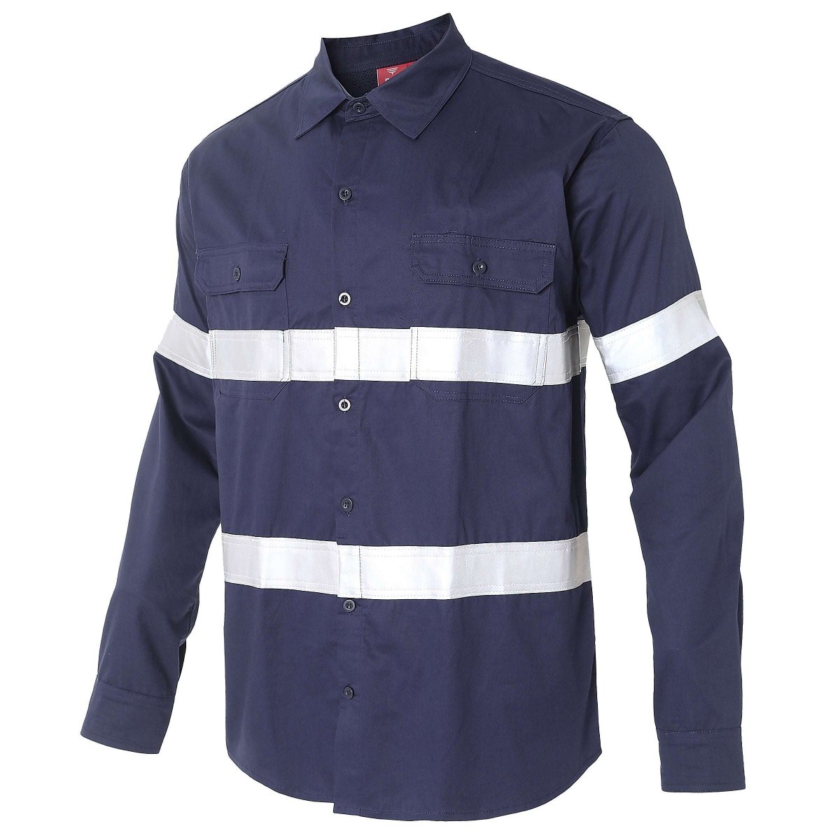 "Men’s Lightweight Cotton Work shirt in navy reflective tape, Long Sleeve, side – Big Bee Workwear"
