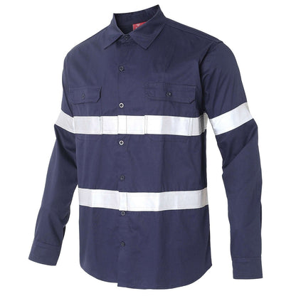 "Men’s Lightweight Cotton Work shirt in navy reflective tape, Long Sleeve, side – Big Bee Workwear"