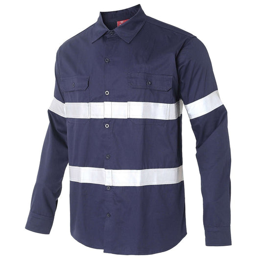 "Men’s Lightweight Cotton Work shirt in navy reflective tape, Long Sleeve, side – Big Bee Workwear"