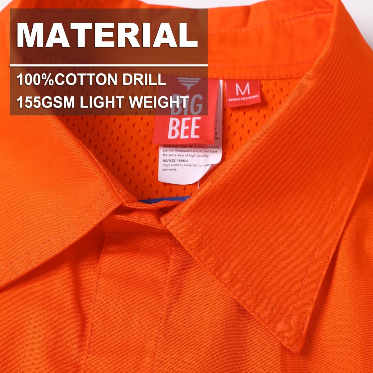 "Closed Front Lightweight Cotton Work shirt, Reflective Long Sleeve, fabric close-up with info – Big Bee Workwear"