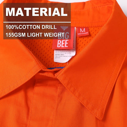 "Closed Front Lightweight Cotton Work shirt, Reflective Long Sleeve, fabric close-up with info – Big Bee Workwear"