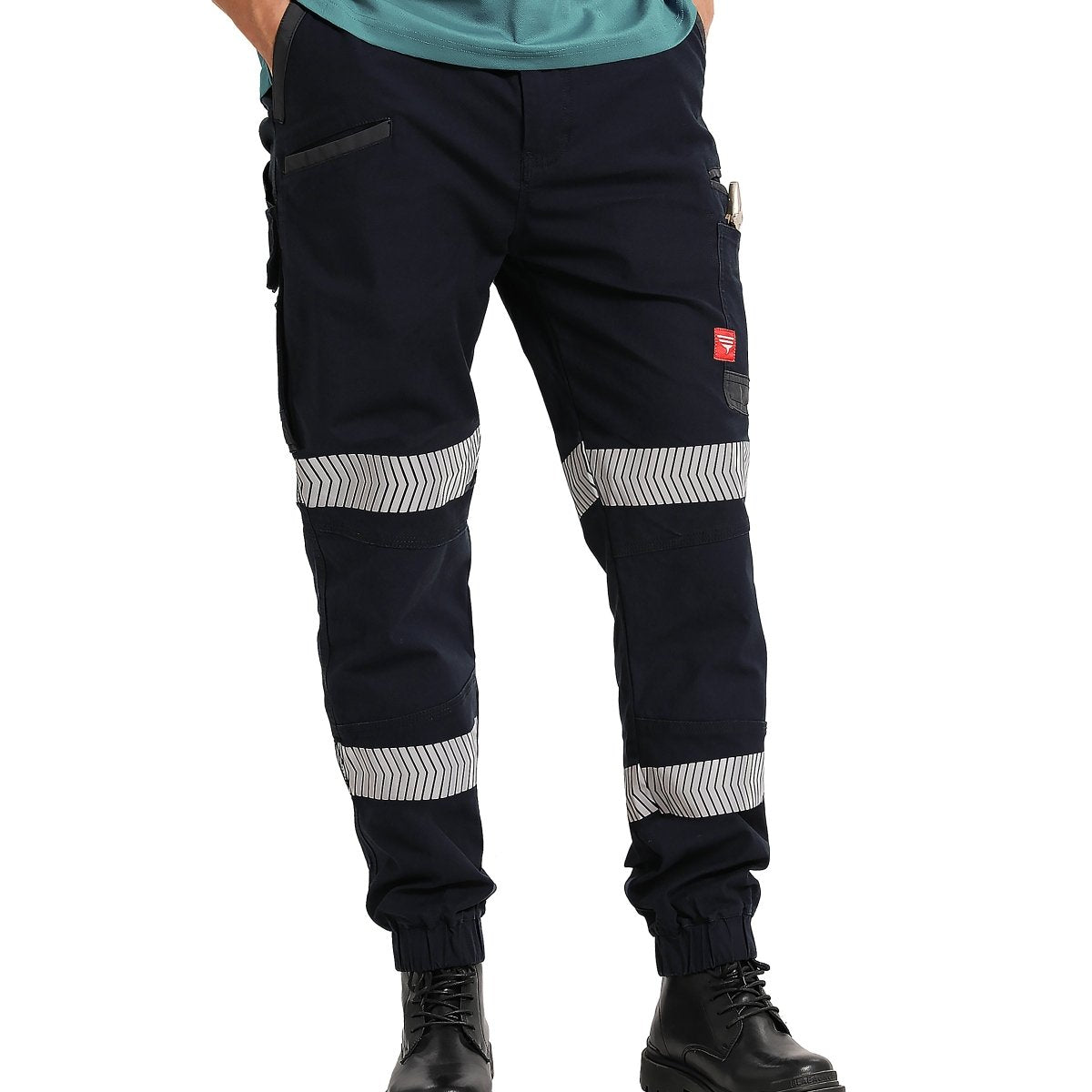 "brumby work pants in navy reflective tape, model front – Big Bee Workwear"