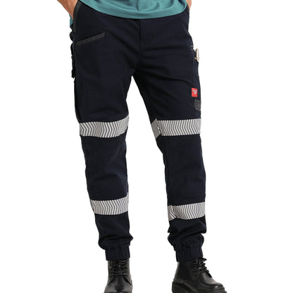 "brumby work pants in navy reflective tape, model front – Big Bee Workwear"