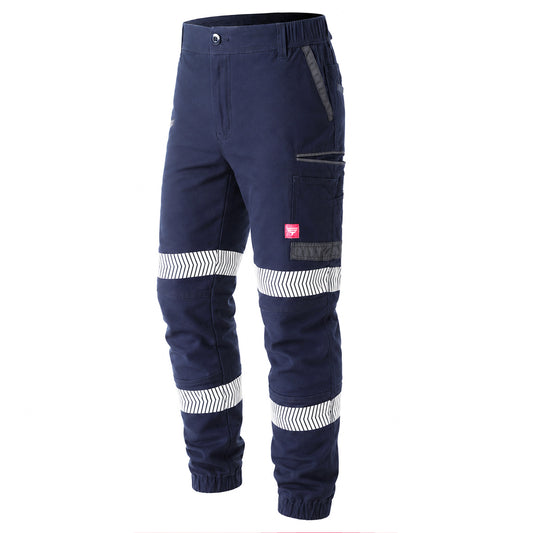 brumby work pants in navy reflective tape, side – Big Bee Workwear