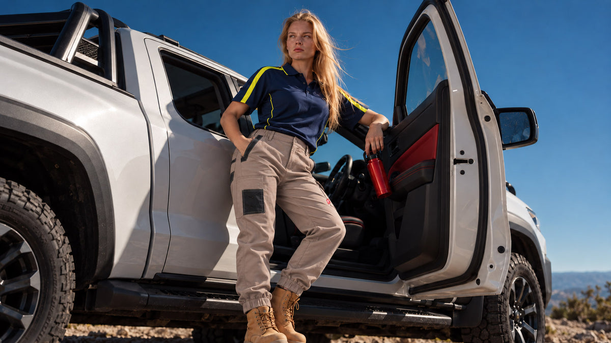 Big Bee cargo work pants – woman in khaki cuffed work pants and navy polo beside a ute