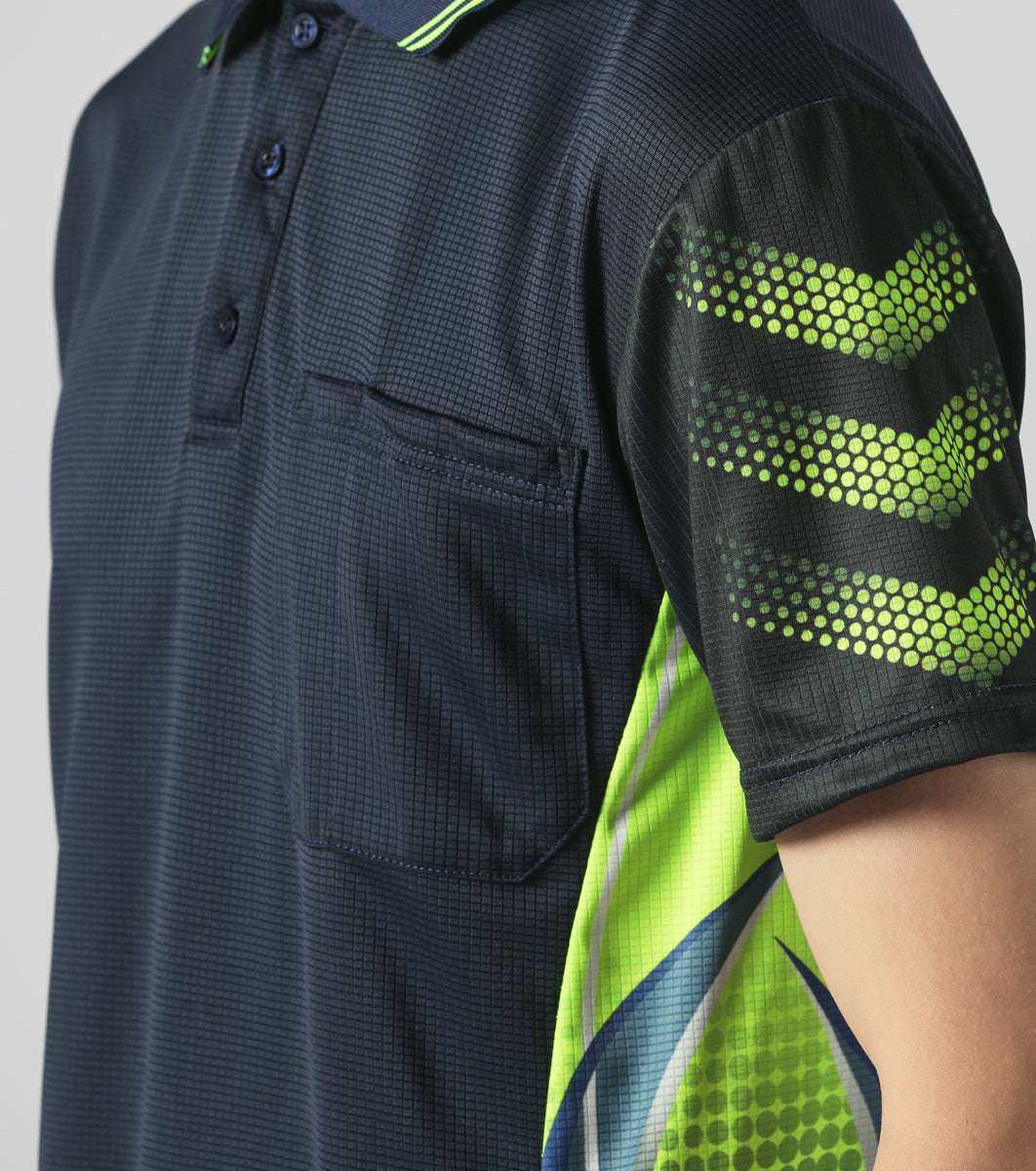 Men’s TECH polo shirt, Short Sleeve, side panel detail close-up – Big Bee Workwear