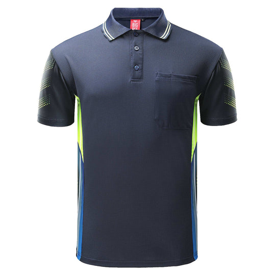 Men’s TECH polo shirt in Navy Blue with Yellow, Short Sleeve, front – Big Bee Workwear