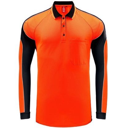 Hi-Vis Long Sleeve Panel polo shirt in orange with black, front – Big Bee Workwear
