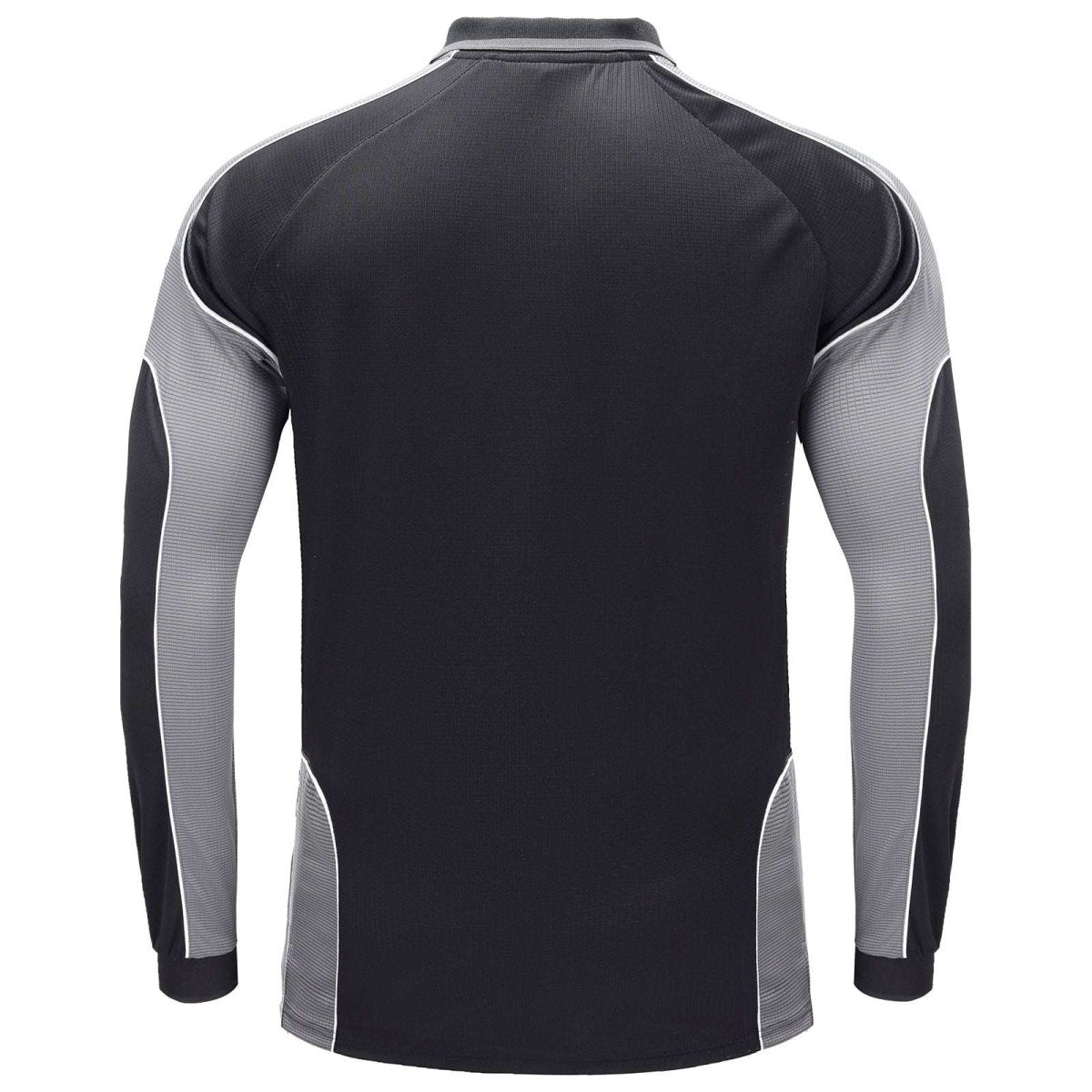 Men’s Panel Long Sleeve polo shirt in Black with grey charcoal, back – Big Bee Workwear