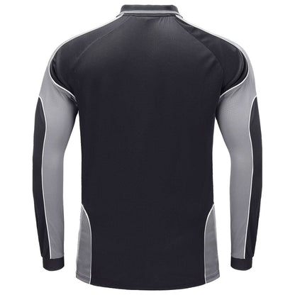 Men’s Panel Long Sleeve polo shirt in Black with grey charcoal, back – Big Bee Workwear