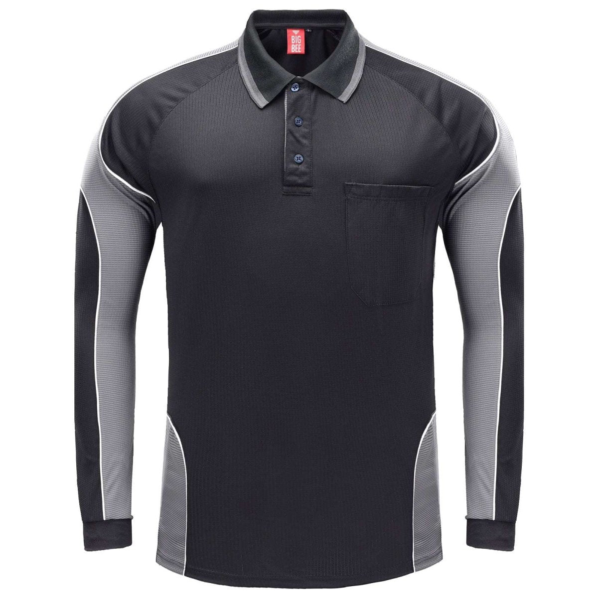 Men’s Panel Long Sleeve polo shirt in Black with grey charcoal, front – Big Bee Workwear
