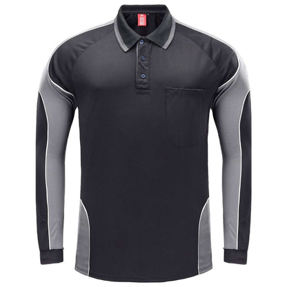 Men’s Panel Long Sleeve polo shirt in Black with grey charcoal, front – Big Bee Workwear