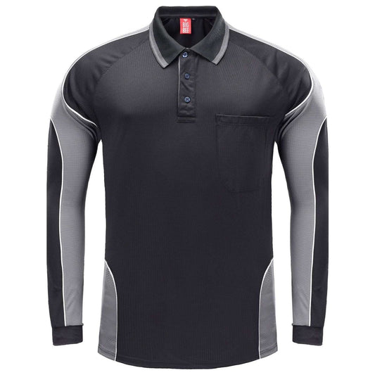 Men’s Panel Long Sleeve polo shirt in Black with grey charcoal, front – Big Bee Workwear