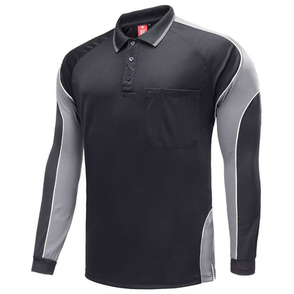 Men’s Panel Long Sleeve polo shirt in Black with grey charcoal, side – Big Bee Workwear