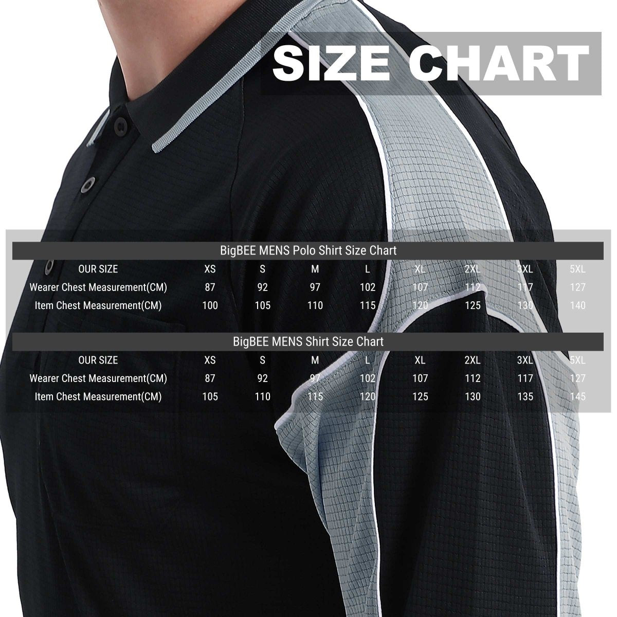 Men’s Panel Long Sleeve polo shirt size chart – Big Bee Workwear