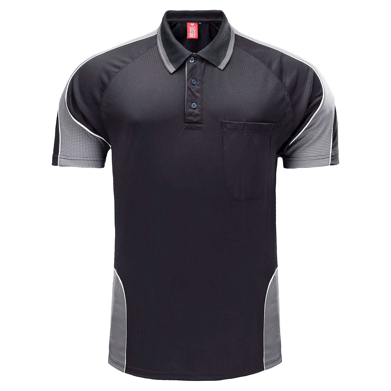 Men’s Short Sleeve Panel polo shirt in Black with grey charcoal, front – Big Bee Workwear