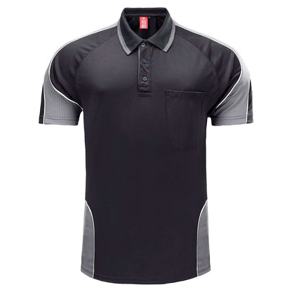 Men’s Short Sleeve Panel polo shirt in Black with grey charcoal, front – Big Bee Workwear