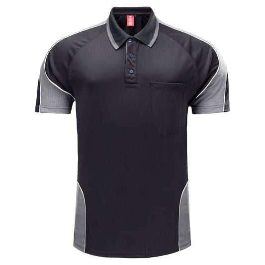 Men’s Short Sleeve Panel polo shirt in Black with grey charcoal, front – Big Bee Workwear