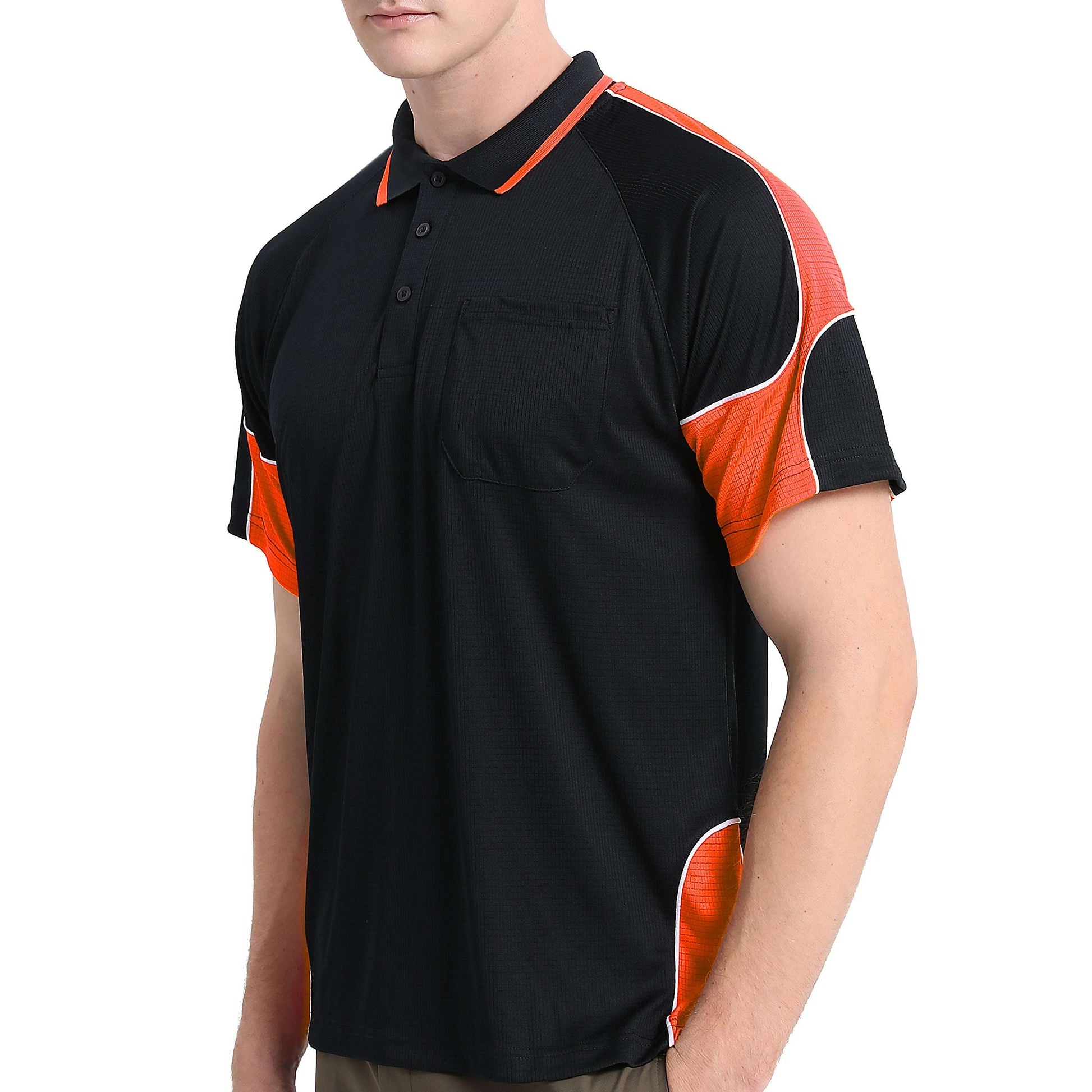 Men’s Short Sleeve Panel polo shirt in Black with orange, model side – Big Bee Workwear