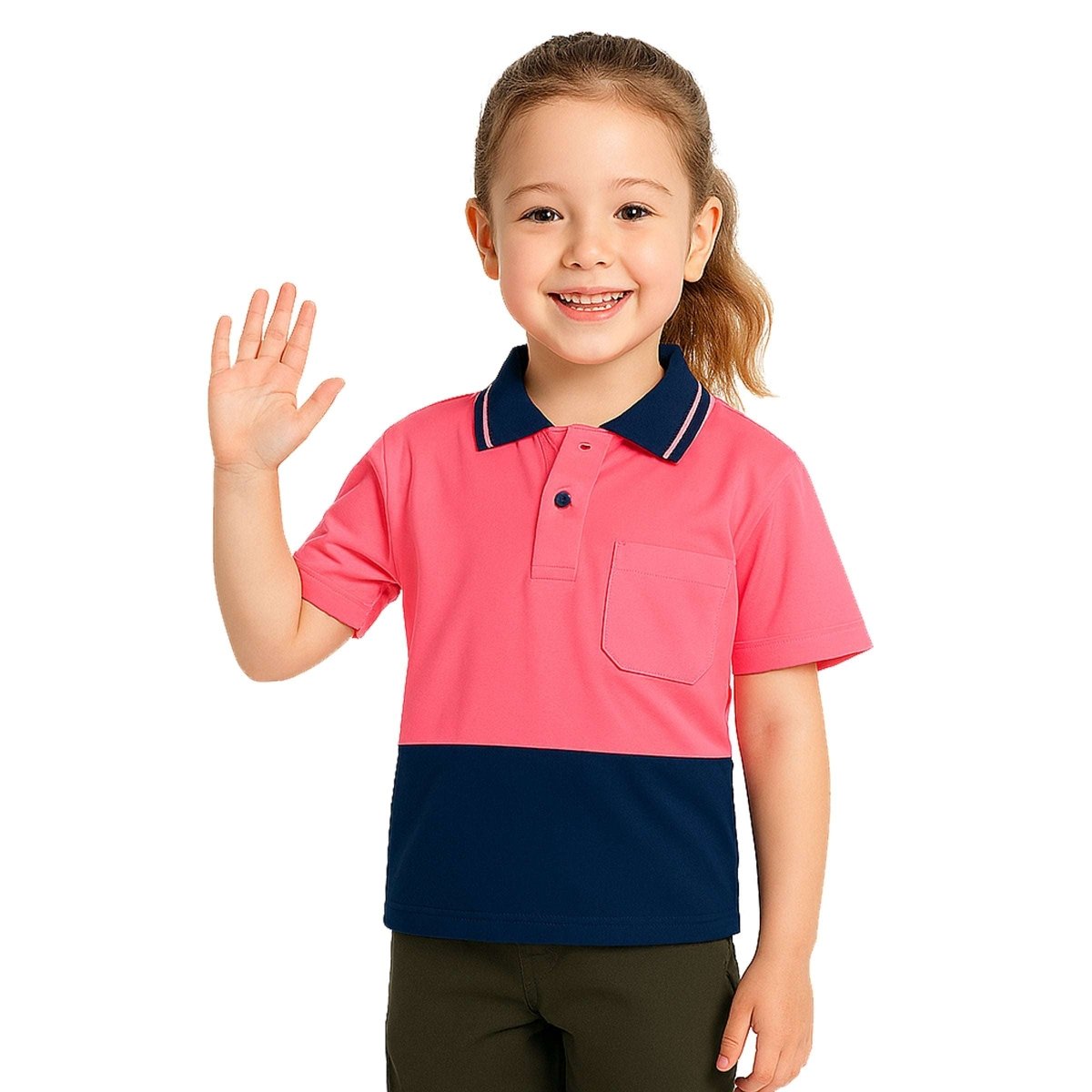 Kids’ Hi-Vis Short Sleeve polo shirt in pink navy, model posed – Big Bee Workwear