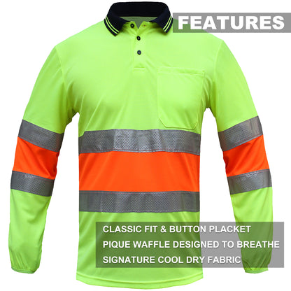 Hi Vis Long Sleeve Polo Shirt – Bio-Motion Breathable Reflective Tape, UPF 50+ Day Use | Big Bee Workwear