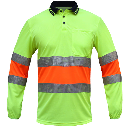 Hi Vis Long Sleeve Polo Shirt – Bio-Motion Breathable Reflective Tape, UPF 50+ Day Use | Big Bee Workwear