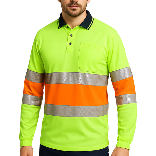 Hi Vis Long Sleeve Polo Shirt – Bio-Motion Breathable Reflective Tape, UPF 50+ Day Use | Big Bee Workwear