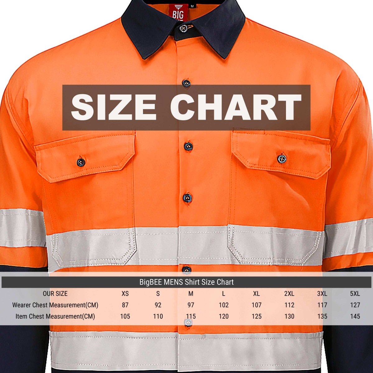 Hi Vis Work shirt in with reflective tape, Long Sleeve, size chart – Big Bee Workwear
