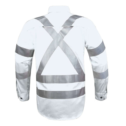 Cross Back Hi-vis work shirt in white with reflective tape, back – Big Bee Workwear