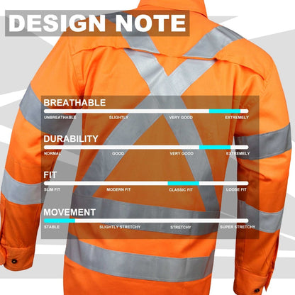 Cross Back Hi-vis work Hi-Vis Work Shirt with Reflective Tape in Orange with reflective tape, design notes – Big Bee Workwear