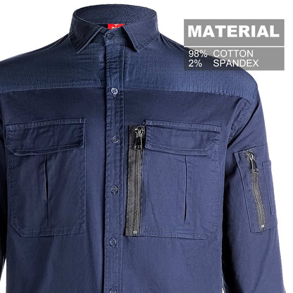 ZIP Stretch Cotton Work shirt, Long Sleeve, fabric close-up with info – Big Bee Workwear