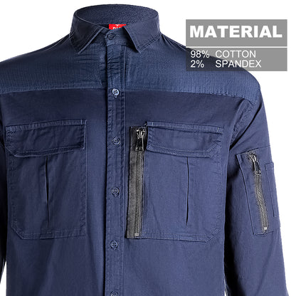 ZIP Stretch Cotton Work shirt, Long Sleeve, fabric close-up with info – Big Bee Workwear
