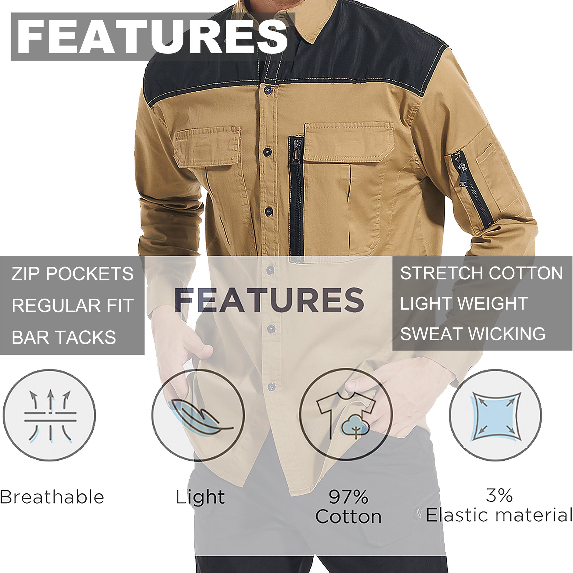 ZIP Stretch Cotton Work shirt, Long Sleeve, key features – Big Bee Workwear