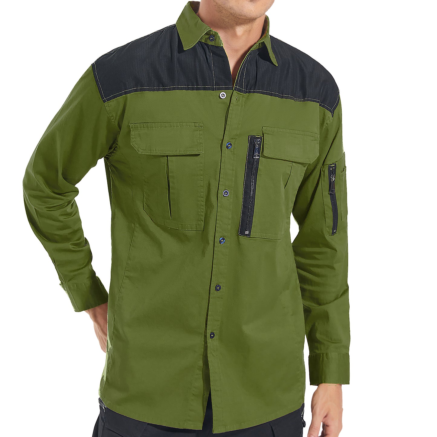 ZIP Stretch Cotton Work shirt in Olive Green, Long Sleeve, model front – Big Bee Workwear