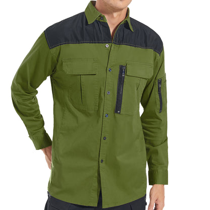ZIP Stretch Cotton Work shirt in Olive Green, Long Sleeve, model front – Big Bee Workwear