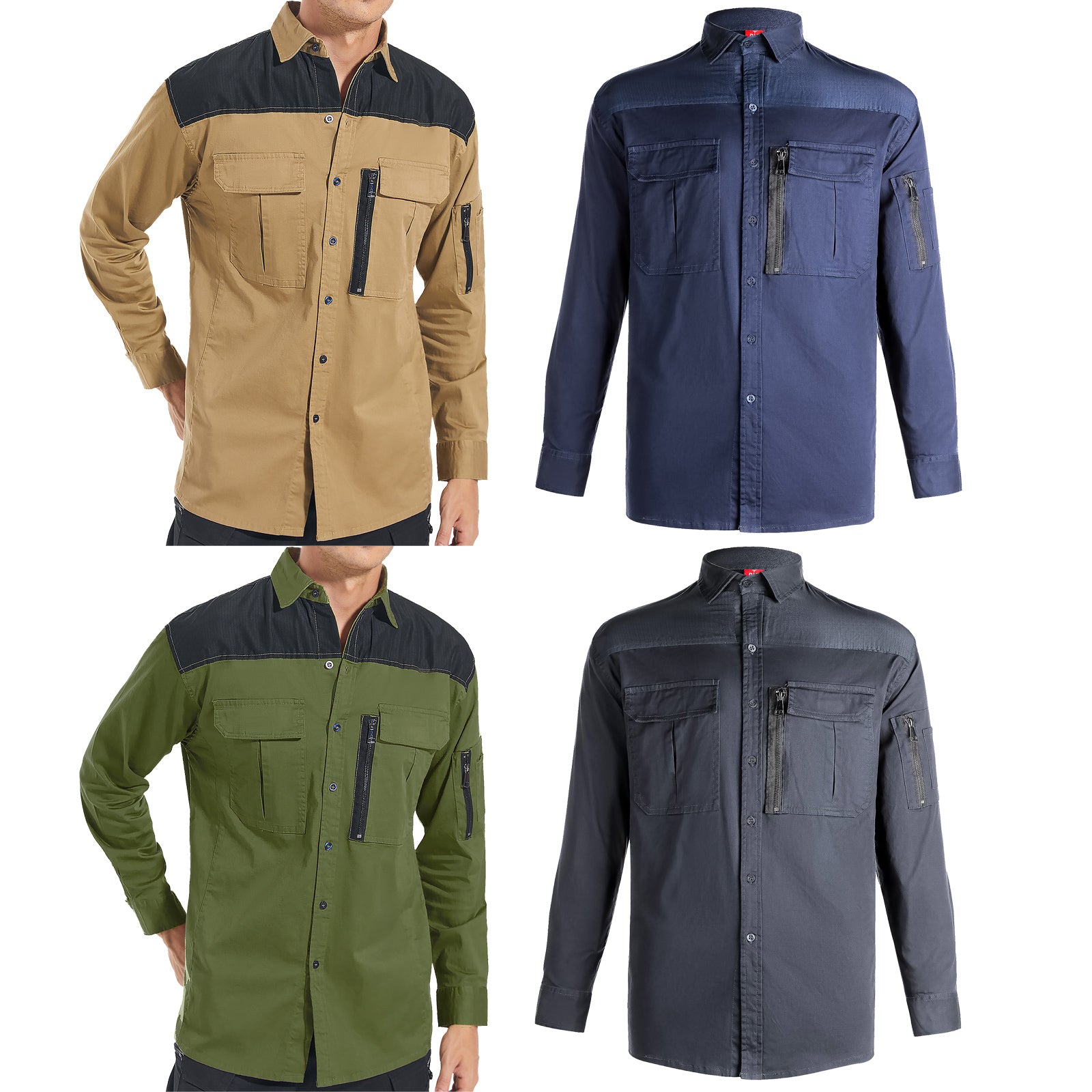 ZIP Stretch Cotton Work shirt, Long Sleeve, multi-colour options overview – Big Bee Workwear