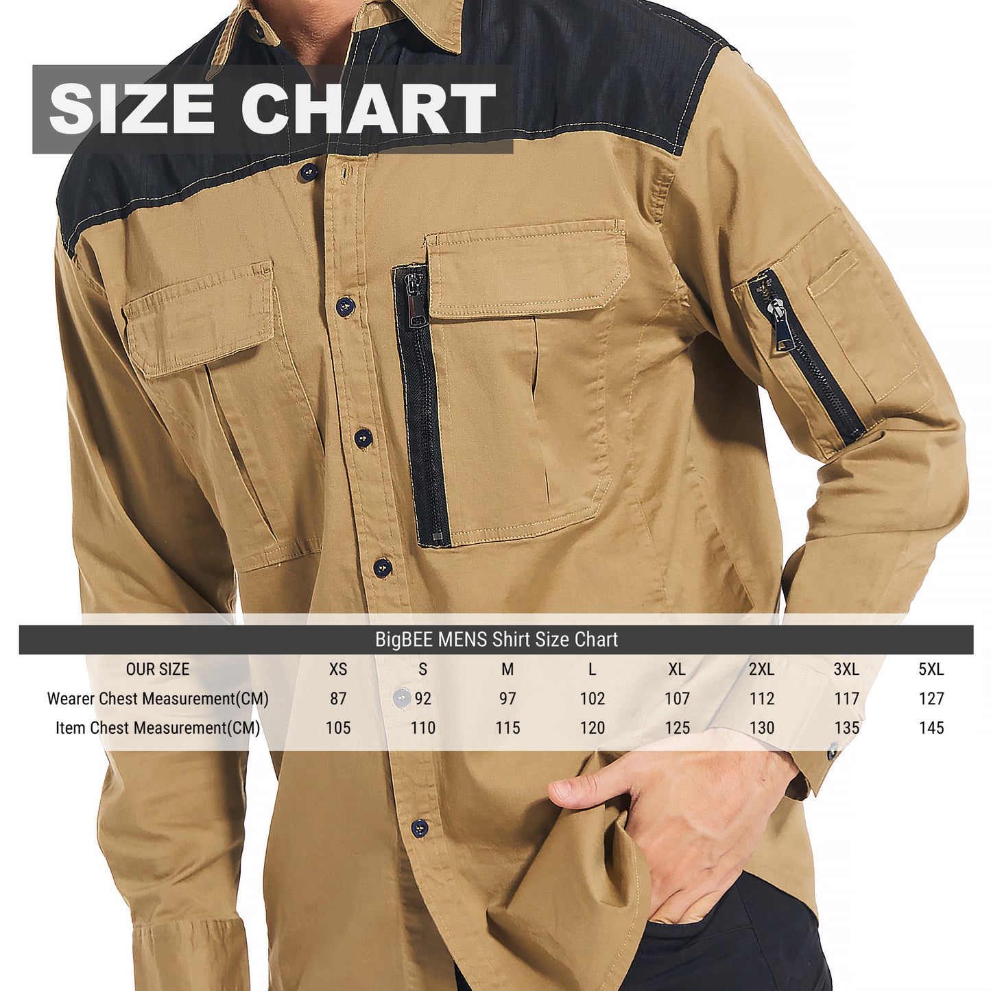 ZIP Stretch Cotton Work shirt, Long Sleeve, size chart – Big Bee Workwear