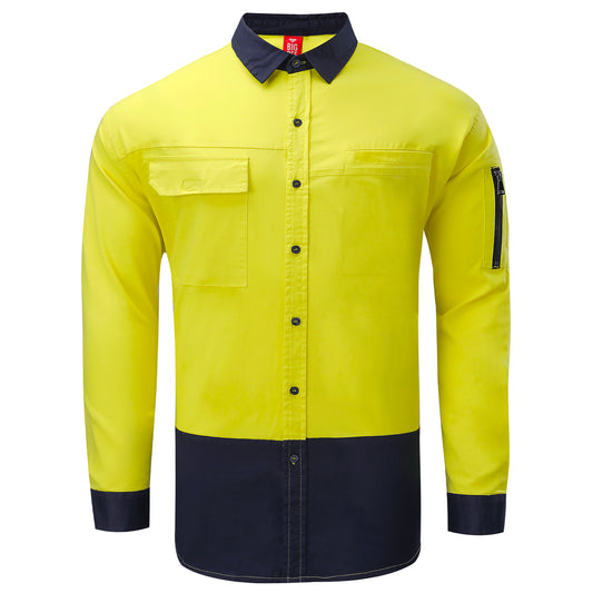 PULSE Hi Vis Stretch Cotton Work shirt in yellow navy, Long Sleeve, front – Big Bee Workwear