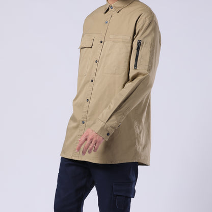 PULSE Stretch Cotton Work shirt in khaki, Long Sleeve, model posed – Big Bee Workwear