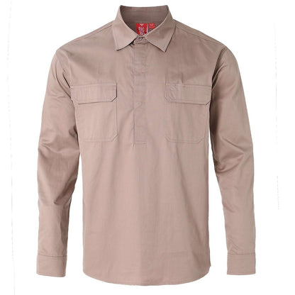 Women’s Closed Front Lightweight Cotton Work shirt in khaki, Long Sleeve, front – Big Bee Workwear