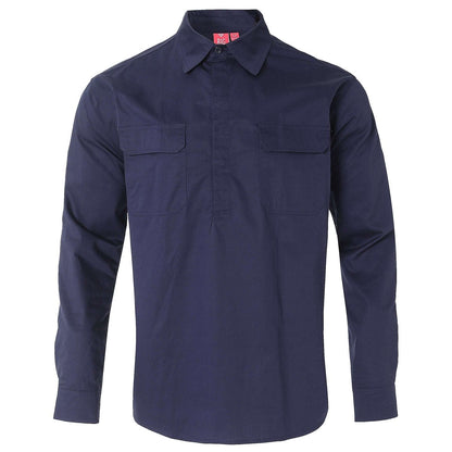 Women’s Closed Front Lightweight Cotton Work shirt in navy blue, Long Sleeve, front – Big Bee Workwear
