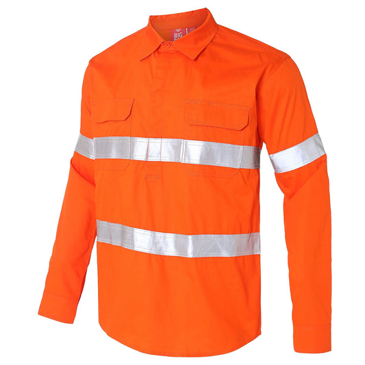 Closed Front Lightweight Cotton Work shirt in orange reflective tape, Long Sleeve, side – Big Bee Workwear